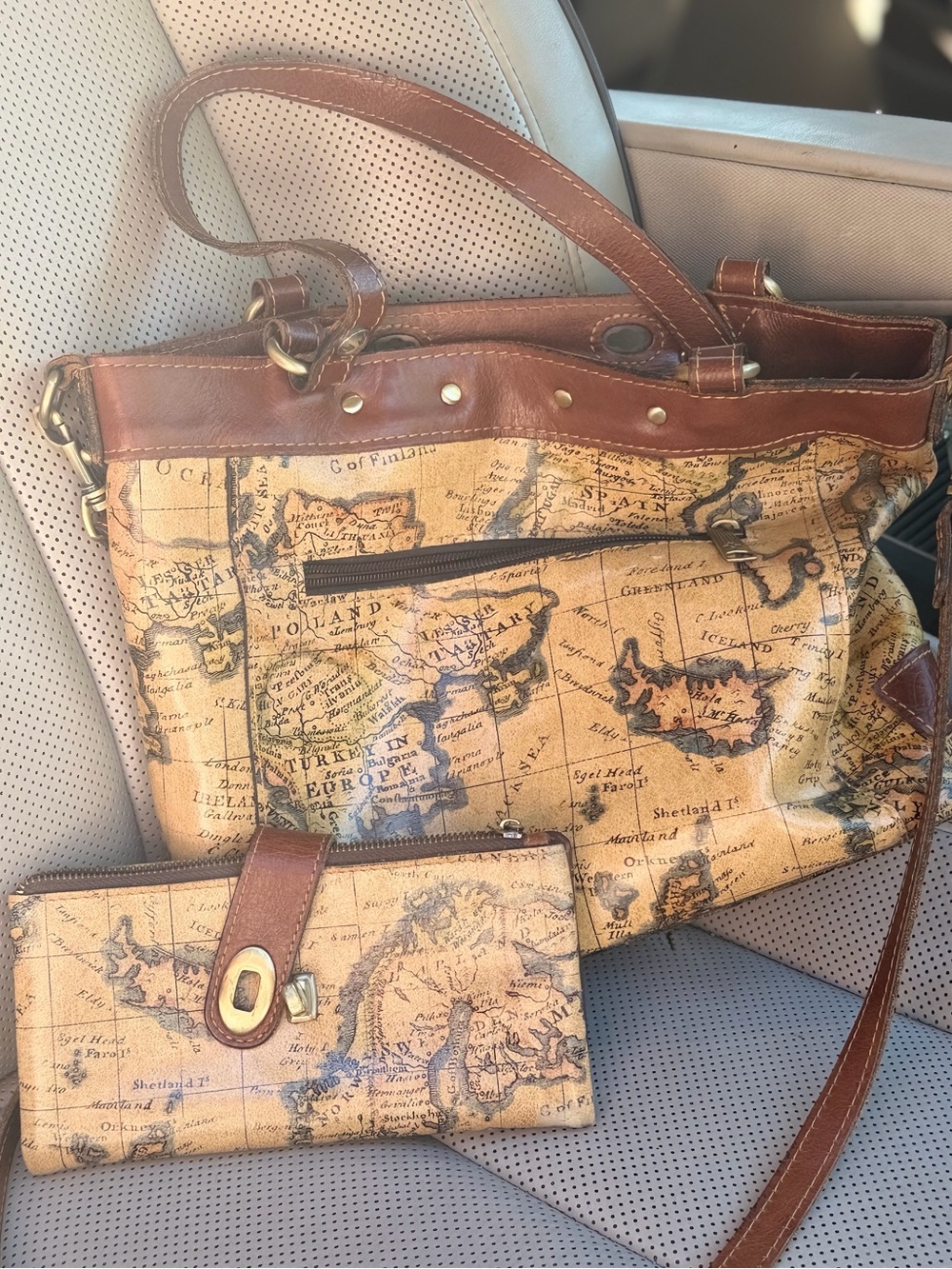 Vintage Patricia Nash European Map Mallory Tote & Nazari Wallet leather trim
